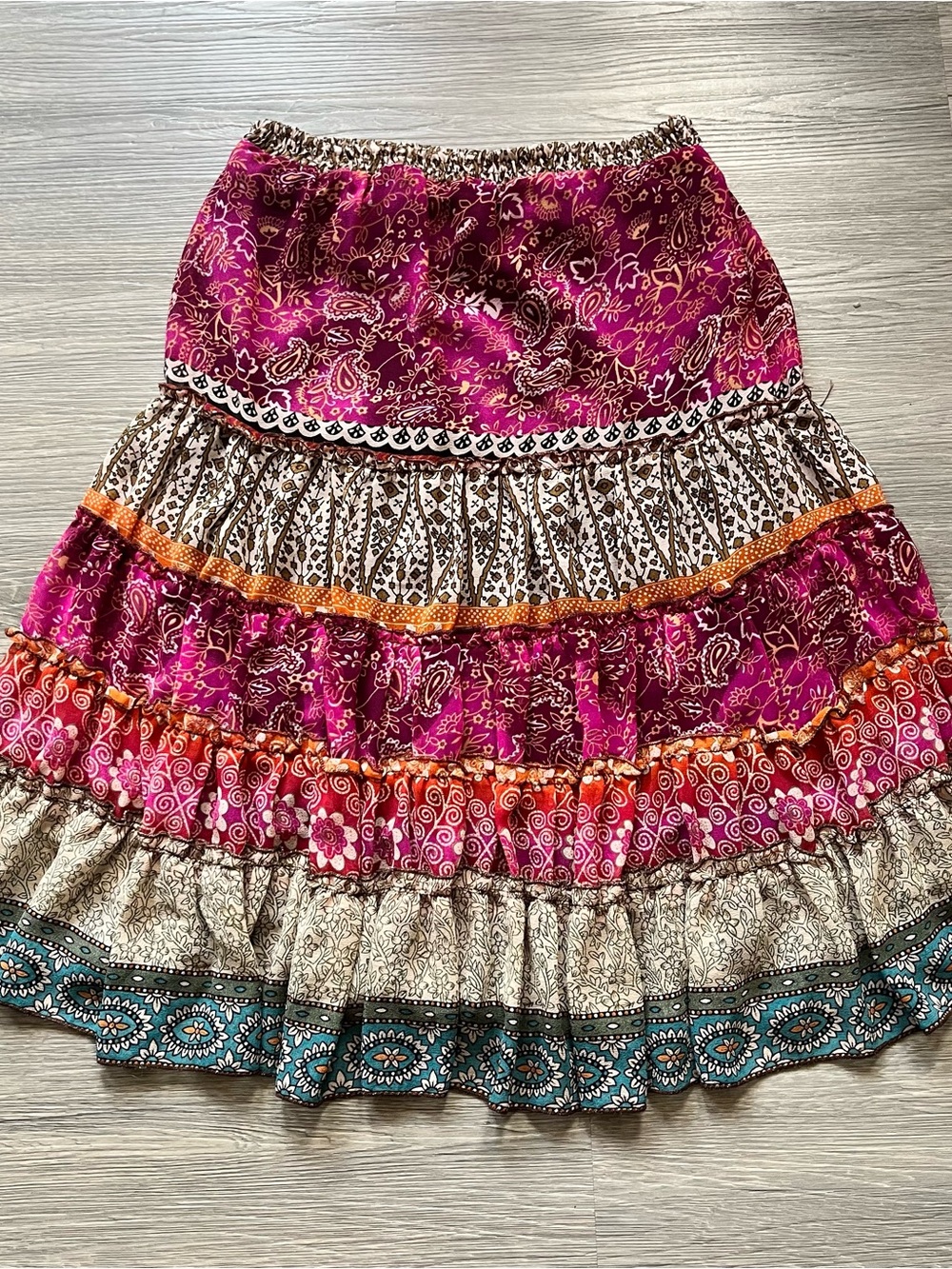 Bohemian Tiered Maxi Skirt in Fuchsia and Teal